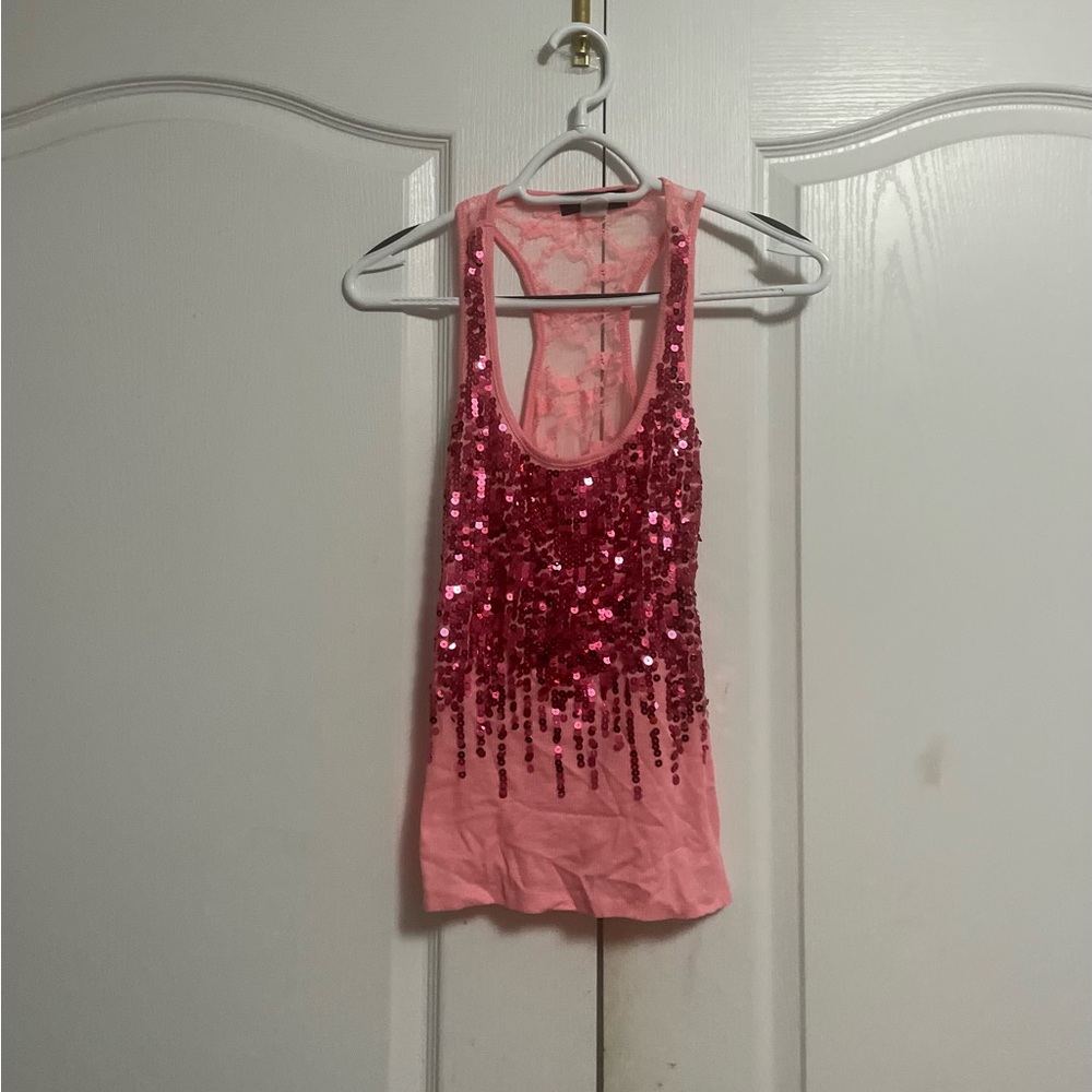 Sequin Y2K Tank Top with Lace Back in Pink